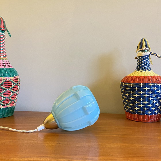 Image 1 of Hängeleuchte Baladeuse Tulipe Alte Opalglas Blau Hängekralle Messing Renoviert