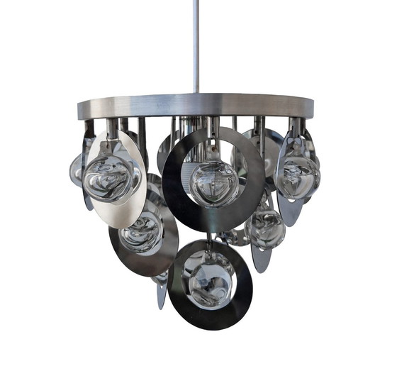 Image 1 of Vintage Hängeleuchte - Oscar Torlasco - Stilkronen - Glas & Stahl - Murano - Space Age - 1970