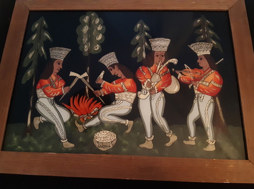 Malerei auf Glas, signiert. Räuber, die den traditionellen Schwerttanz um ihre Beute aufführen. Władysław Walczak-Baniecki.