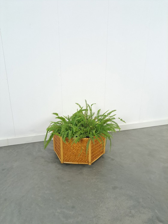 Image 1 of Rattan-Bambus-Pflanzgefäß auf Rädern, Blumentopf