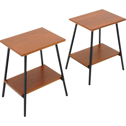 Paar Vintage Nachttische aus Holz und schwarz lackiertem Metall, Italien 1950