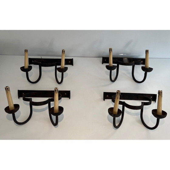 Image 1 of Satz von 4 schmiedeeisernen Kleeblatt-Wandlampen, Frankreich 1950