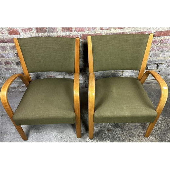 Image 1 of Paar Vintage-Sessel "Bow wood" aus geschwungener Esche und Stoff von Hugues Steiner, 1950er Jahre
