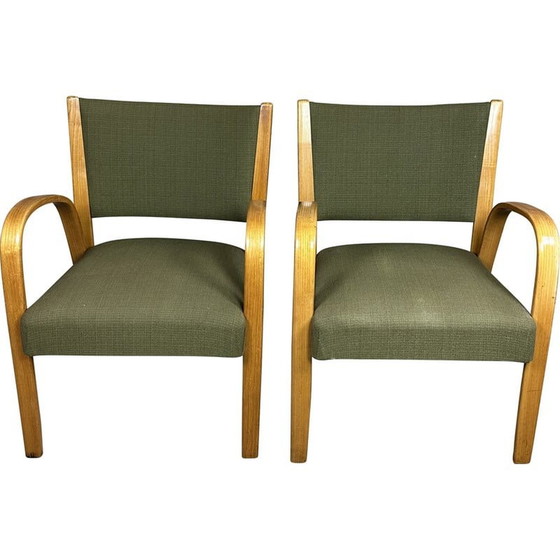 Image 1 of Paar Vintage-Sessel "Bow wood" aus geschwungener Esche und Stoff von Hugues Steiner, 1950er Jahre