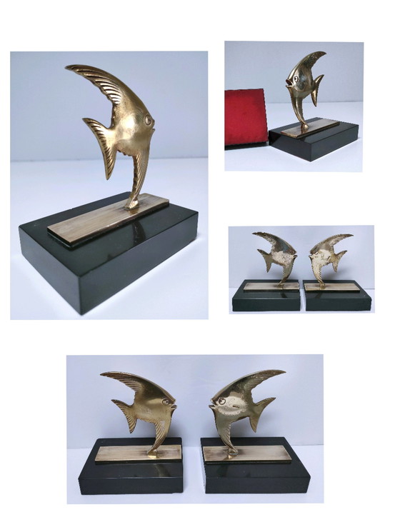 Image 1 of Paar Buchstützen Fisch Bronze Marmor Schwarz Design