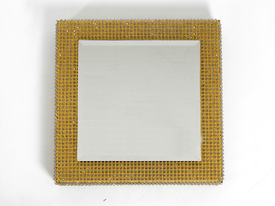 Image 1 of Quadratischer Wandspiegel aus Messing der 1960er Jahre mit Hintergrundbeleuchtung, Rahmen mit Glasperlen von Palwa