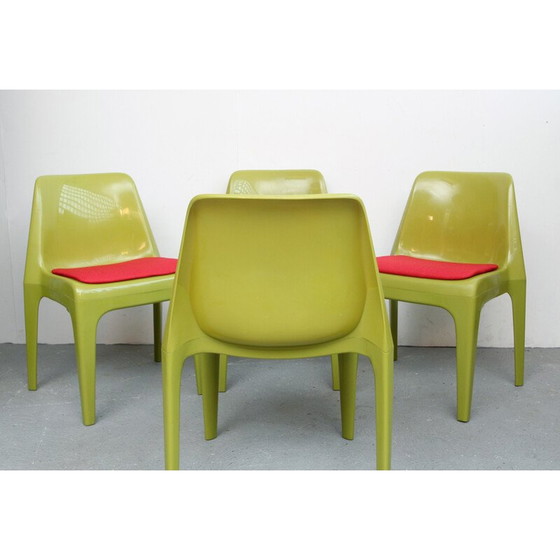 Image 1 of Satz von 4 Stühlen aus grünem Kunststoff und rosa Stoff - 1970er Jahre