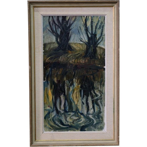 Ölgemälde einer alten Landschaft von Hildegard Schüller-Falk, Schweden 1960