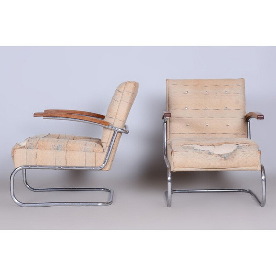 Image 1 of Paar alte Bauhaus-Sessel mit Chromstahl und Hocker aus Buche, Tschechoslowakei 1920