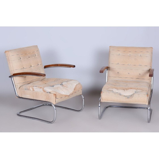 Image 1 of Paar alte Bauhaus-Sessel mit Chromstahl und Hocker aus Buche, Tschechoslowakei 1920