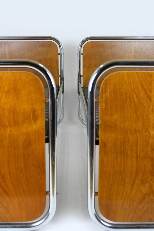 2x Vintage Bauhaus Eiche & Stahlrohrbetten