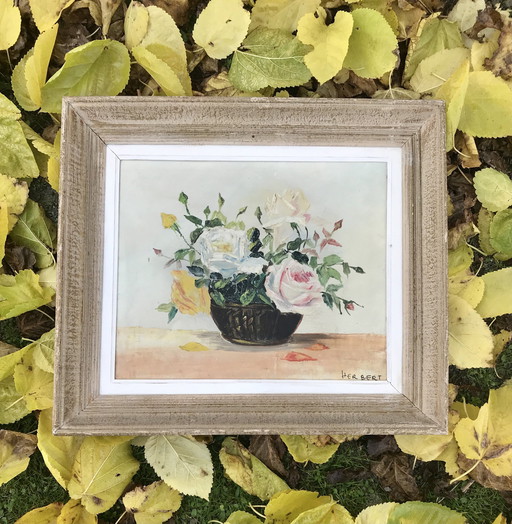 Antikes Gemälde, Öl auf Leinwand, „Korb mit Rosen“