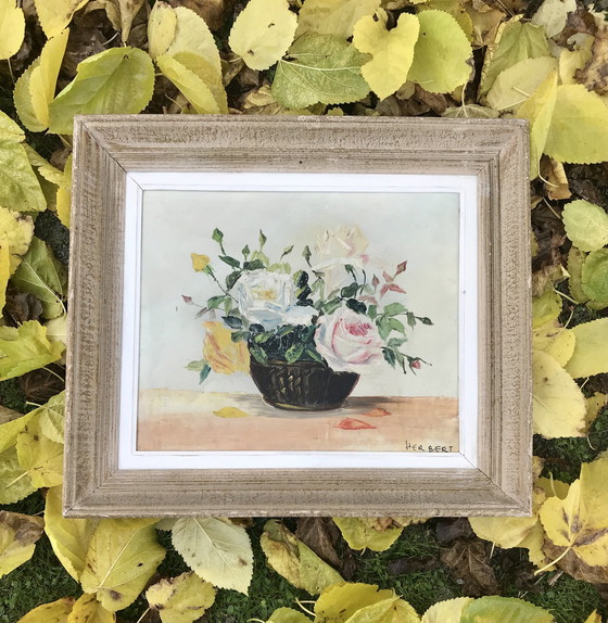 Image 1 of Antikes Gemälde, Öl auf Leinwand, „Korb mit Rosen“