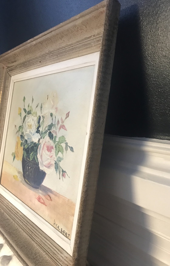 Image 1 of Antikes Gemälde, Öl auf Leinwand, „Korb mit Rosen“