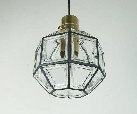 Image 1 of glashuette limburg PENDANT LAMPE klarer Glasschirm und Messing 1960er 70er Jahre