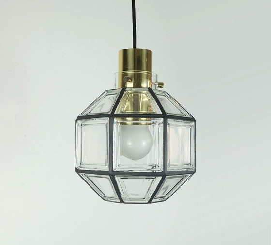 Image 1 of glashuette limburg PENDANT LAMPE klarer Glasschirm und Messing 1960er 70er Jahre