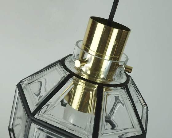 Image 1 of glashuette limburg PENDANT LAMPE klarer Glasschirm und Messing 1960er 70er Jahre