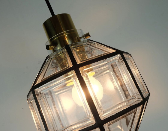 Image 1 of glashuette limburg PENDANT LAMPE klarer Glasschirm und Messing 1960er 70er Jahre