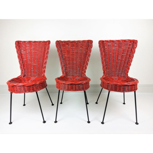 Satz von 3 Stühlen aus geflochtenem Rattan und Metall, 1950