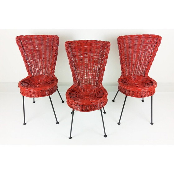Image 1 of Satz von 3 Stühlen aus geflochtenem Rattan und Metall, 1950