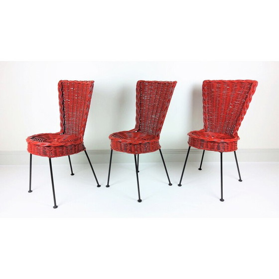Image 1 of Satz von 3 Stühlen aus geflochtenem Rattan und Metall, 1950