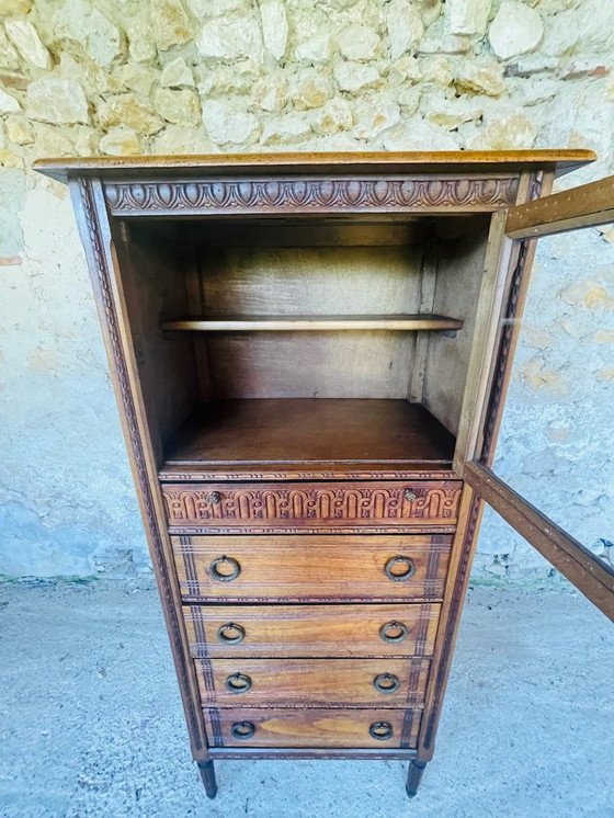 Image 1 of Französischer Louis XVI-Vitrinenschrank mit 5 Schubladen, 1940er Jahre