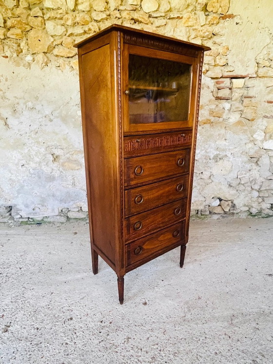 Image 1 of Französischer Louis XVI-Vitrinenschrank mit 5 Schubladen, 1940er Jahre