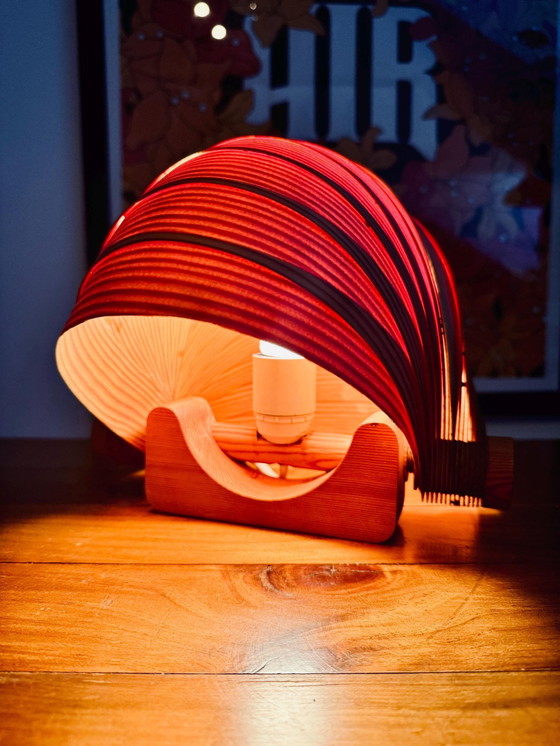 Image 1 of Vintage Kiefer Furnier Shell Form Tischlampe Mid Century Wandleuchte Translandia Dänemark 1960S