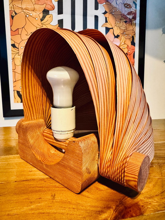 Image 1 of Vintage Kiefer Furnier Shell Form Tischlampe Mid Century Wandleuchte Translandia Dänemark 1960S