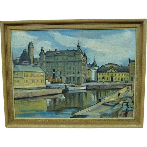 Vintage Ölgemälde Stockholm Stadtbild von Hjalmar Larsson, Schweden 1940