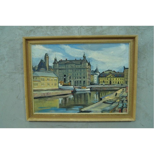 Vintage Ölgemälde Stockholm Stadtbild von Hjalmar Larsson, Schweden 1940