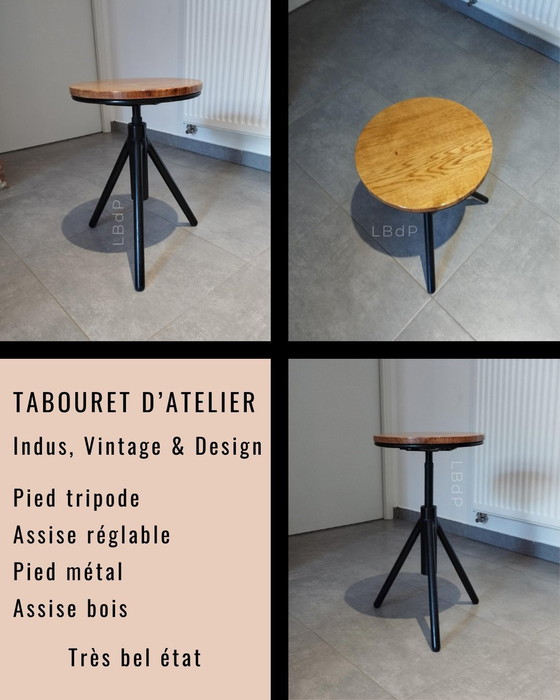 Image 1 of Vintage Hocker, Indus Typ, Dreibein, Verstellbare Sitzfläche