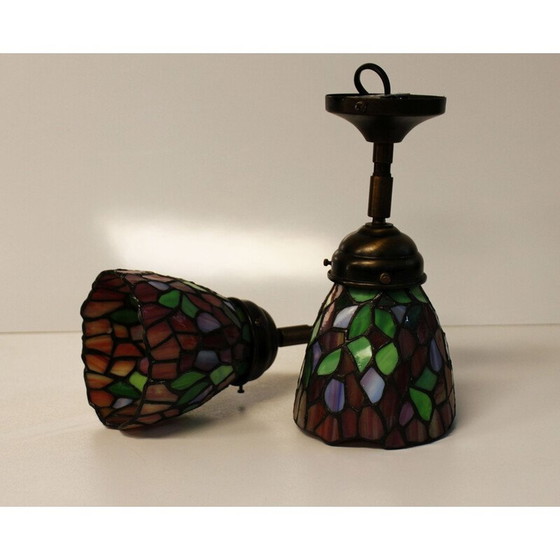 Image 1 of Vintage Tiffany Wandlampe aus Buntglas und Zinn