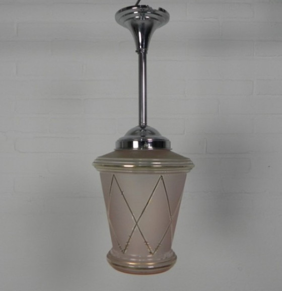 Image 1 of Art Deco Hängelampe mit rosa Glasschirm