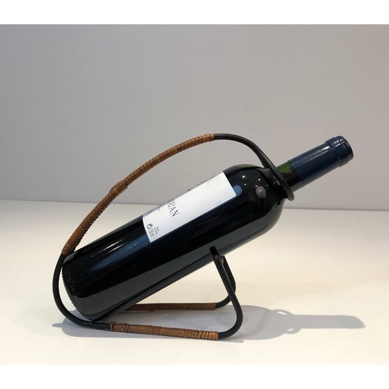 Image 1 of Skandinavischer Vintage-Flaschenhalter aus schwarz lackiertem Metall und Rattan, 1950