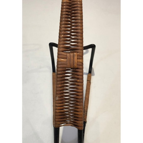 Image 1 of Skandinavischer Vintage-Flaschenhalter aus schwarz lackiertem Metall und Rattan, 1950