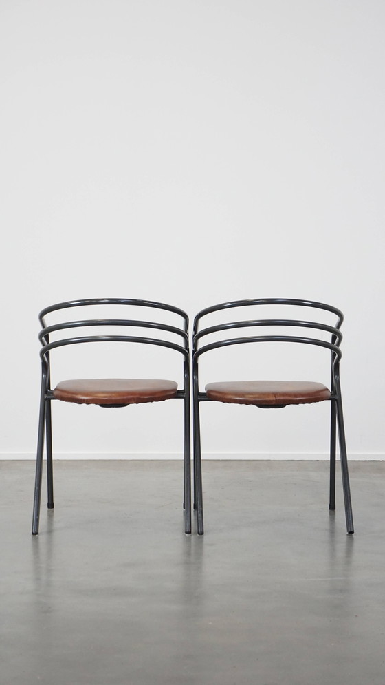 Image 1 of 4 X Design-Esszimmerstuhl mit Ledersitz und Metallgestell