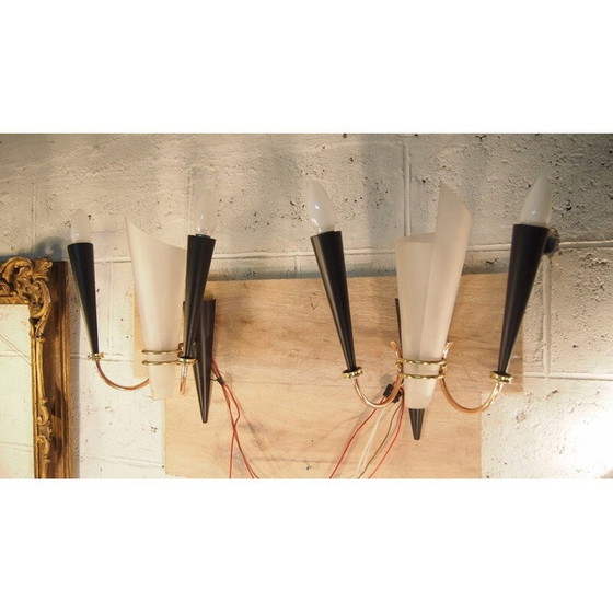 Image 1 of Paar Vintage-Wandleuchter aus Metall, Plexiglas und Messing aus Lunel