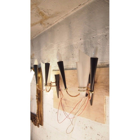 Image 1 of Paar Vintage-Wandleuchter aus Metall, Plexiglas und Messing aus Lunel