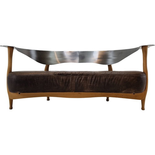 Vintage "Fantasy Island" Sofa aus Holz, Stahl und Leder von Kurt Bayer, Deutschland 1980