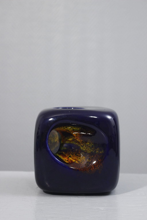 Roberto Rigon & Bertoncello Ceramiche -Durchbrochene Cube-Vase Blau & Lava Italien 1970S