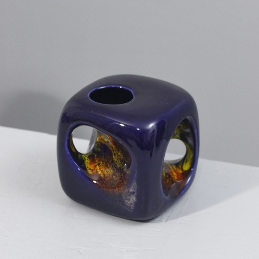 Roberto Rigon & Bertoncello Ceramiche -Durchbrochene Cube-Vase Blau & Lava Italien 1970S