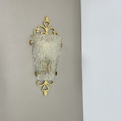 Schöne 41Cm Messing und Eis Glas Wandleuchte Sconce Kalmar Style, Deutschland 1970S