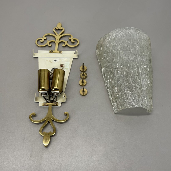 Image 1 of Schöne 41Cm Messing und Eis Glas Wandleuchte Sconce Kalmar Style, Deutschland 1970S