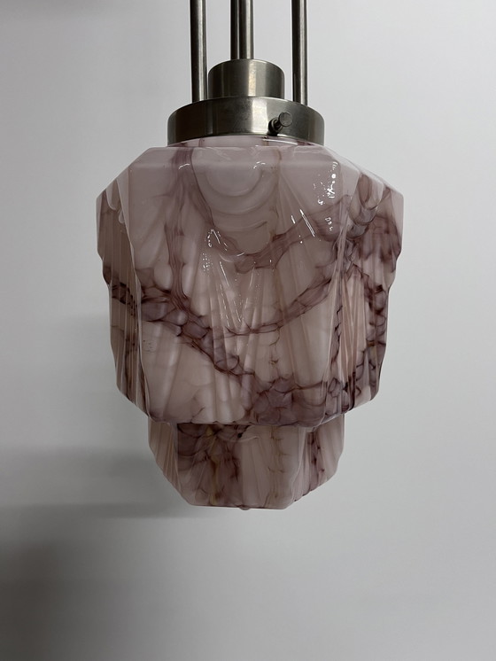 Image 1 of Rosa marmorierte Vintage Art Deco Skyscraper Deckenleuchte Pendelleuchte mit Luxus Pendel