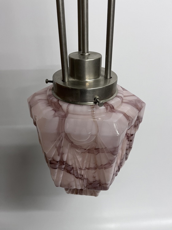 Image 1 of Rosa marmorierte Vintage Art Deco Skyscraper Deckenleuchte Pendelleuchte mit Luxus Pendel