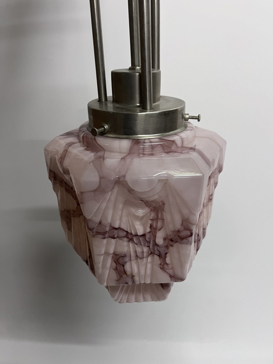 Image 1 of Rosa marmorierte Vintage Art Deco Skyscraper Deckenleuchte Pendelleuchte mit Luxus Pendel