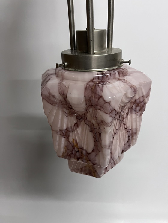 Image 1 of Rosa marmorierte Vintage Art Deco Skyscraper Deckenleuchte Pendelleuchte mit Luxus Pendel