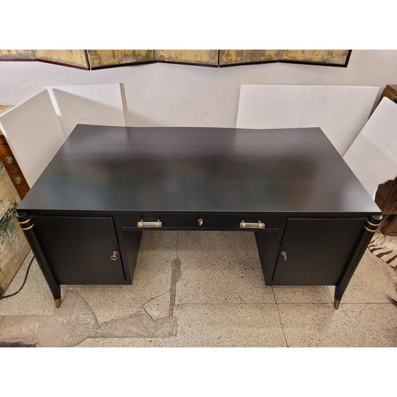 Image 1 of Vintage Art Deco Bürotisch aus schwarz lackiertem Holz, Frankreich 1950