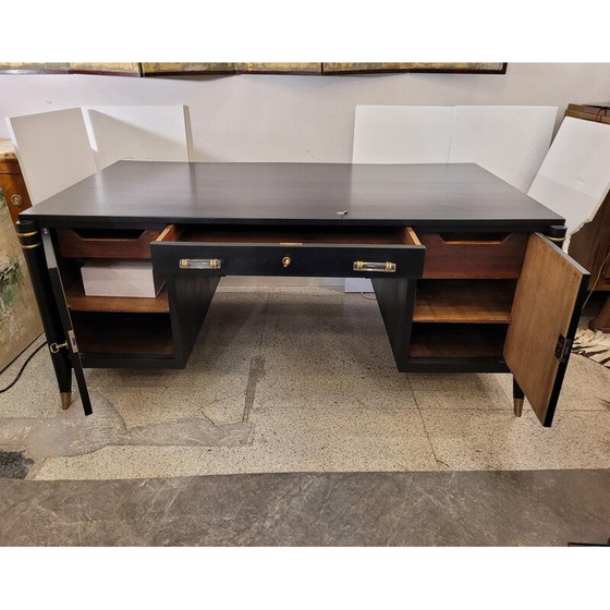 Image 1 of Vintage Art Deco Bürotisch aus schwarz lackiertem Holz, Frankreich 1950